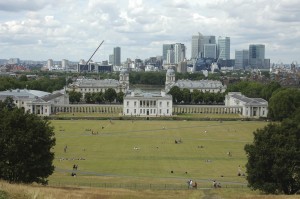 The Queen's House and the park in Greenwich, as seen from the Royal Observatory. One can see London in the background.