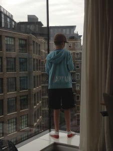 Thing 1 checking out the view from our hotel in Westminster. To his left is Burberry headquarters, and he is facing the direction of Westminster Palace (home of Parliament).