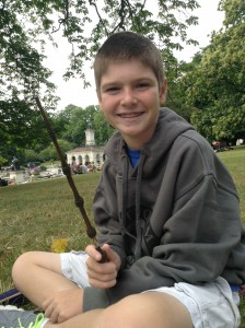 Thing 1 with his hoodie and wand from the Harry Potter Shop at Platform 9 3/4