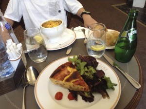 Our lunch of quiche, onion soup, salad, and bread.